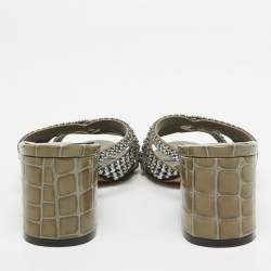 مملوكة مسبقًا Gina Olive Green Crystal Embellished Leather Slide Sandals Size 36.5