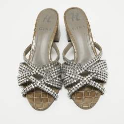 مملوكة مسبقًا Gina Olive Green Crystal Embellished Leather Slide Sandals Size 36.5
