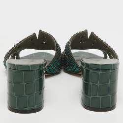 Pre Owned Gina Green Crystal Embellished Leather Slide Sandals Size 36.5