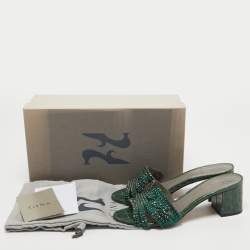 Pre Owned Gina Green Crystal Embellished Leather Slide Sandals Size 36.5