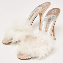 Pre Owned Gina White/Pink Fur and Leather  Slides Size 39.5