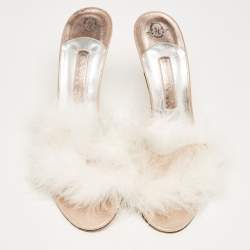 Pre Owned Gina White/Pink Fur and Leather  Slides Size 39.5