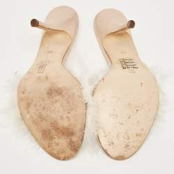 Pre Owned Gina White/Pink Fur and Leather  Slides Size 39.5
