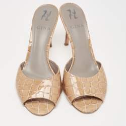 Gina Brown Croc Embossed Patent Leather Slide Sandals Size 39