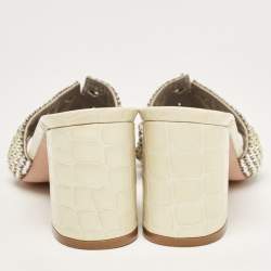 Pre Owned Gina Green Croc Embossed Crystal Embellished Slide Sandals Size 37.5