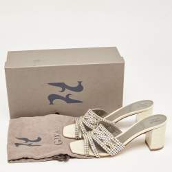 Pre Owned Gina Green Croc Embossed Crystal Embellished Slide Sandals Size 37.5