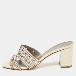 Pre Owned Gina Green Croc Embossed Crystal Embellished Slide Sandals Size 37.5