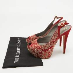 Pre Owned Gina Red Embellished Satin Peep Toe Platform Slingback Pumps Size 39