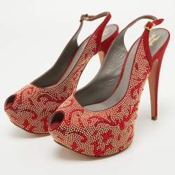 Pre Owned Gina Red Embellished Satin Peep Toe Platform Slingback Pumps Size 39