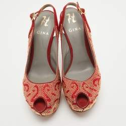 Pre Owned Gina Red Embellished Satin Peep Toe Platform Slingback Pumps Size 39
