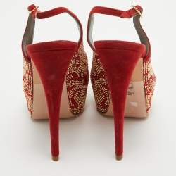 Pre Owned Gina Red Embellished Satin Peep Toe Platform Slingback Pumps Size 39