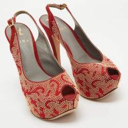 Pre Owned Gina Red Embellished Satin Peep Toe Platform Slingback Pumps Size 39