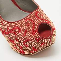 Pre Owned Gina Red Embellished Satin Peep Toe Platform Slingback Pumps Size 39