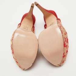 Pre Owned Gina Red Embellished Satin Peep Toe Platform Slingback Pumps Size 39