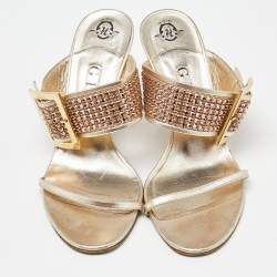 Gina Gold Crystal Embellished Leather Slide Sandals Size 37.5