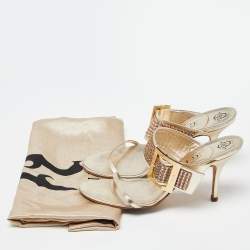 Gina Gold Crystal Embellished Leather Slide Sandals Size 37.5