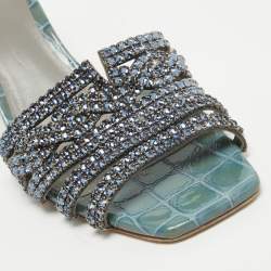 Pre Owned Gina Blue Crystal Embellished Leather Slide Sandals Size 40.5