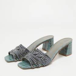 Pre Owned Gina Blue Crystal Embellished Leather Slide Sandals Size 40.5
