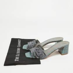 Pre Owned Gina Blue Crystal Embellished Leather Slide Sandals Size 40.5