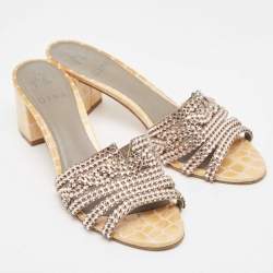 مملوكة مسبقًا Gina Pink/Yellow Crystal Embellished Leather Slide Sandals Size 38.5