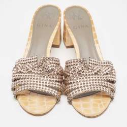 مملوكة مسبقًا Gina Pink/Yellow Crystal Embellished Leather Slide Sandals Size 38.5