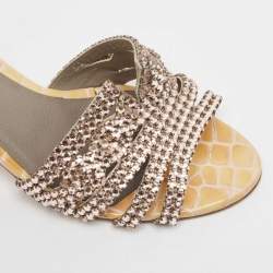 مملوكة مسبقًا Gina Pink/Yellow Crystal Embellished Leather Slide Sandals Size 38.5