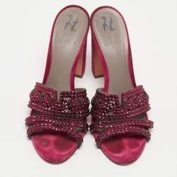 Pre Owned Gina Pink Crystal Embellished Leather Slide Sandals Size 38.5