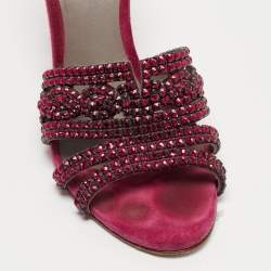 Pre Owned Gina Pink Crystal Embellished Leather Slide Sandals Size 38.5