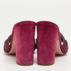 Pre Owned Gina Pink Crystal Embellished Leather Slide Sandals Size 38.5