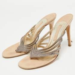Pre Owned Gina Beige Leather and Crystal Embellished Slide Sandals Size 39