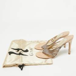 Pre Owned Gina Beige Leather and Crystal Embellished Slide Sandals Size 39