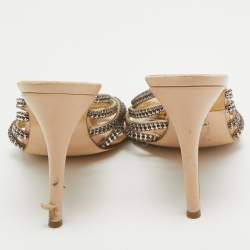 Pre Owned Gina Beige Leather and Crystal Embellished Slide Sandals Size 39