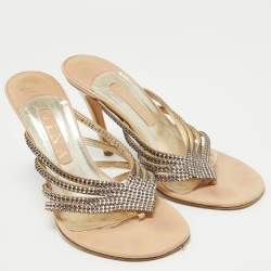 Pre Owned Gina Beige Leather and Crystal Embellished Slide Sandals Size 39