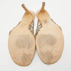 Pre Owned Gina Beige Leather and Crystal Embellished Slide Sandals Size 39