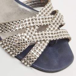 Pre Owned Gina Silver/Blue Crystal Embellished Leather Thong Flats Size 37.5