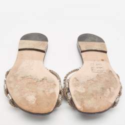 Pre Owned Gina Silver/Blue Crystal Embellished Leather Thong Flats Size 37.5