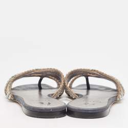 Pre Owned Gina Silver/Blue Crystal Embellished Leather Thong Flats Size 37.5