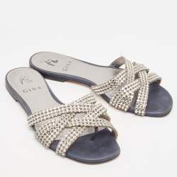 Pre Owned Gina Silver/Blue Crystal Embellished Leather Thong Flats Size 37.5