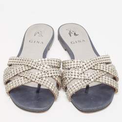 Pre Owned Gina Silver/Blue Crystal Embellished Leather Thong Flats Size 37.5