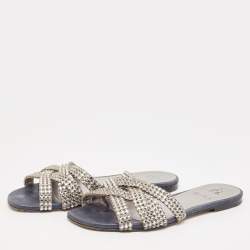 Pre Owned Gina Silver/Blue Crystal Embellished Leather Thong Flats Size 37.5