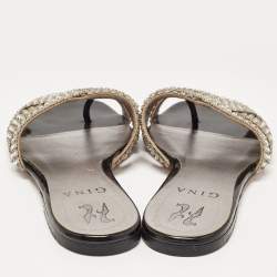 Pre Owned Gina Silver Leather Crystal Embellished Flat Slides Size 36