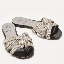 Pre Owned Gina Silver Leather Crystal Embellished Flat Slides Size 36