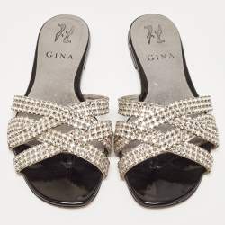 Pre Owned Gina Silver Leather Crystal Embellished Flat Slides Size 36