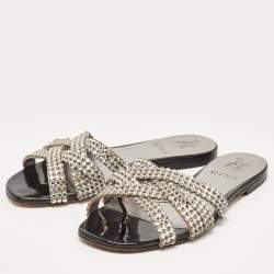 Pre Owned Gina Silver Leather Crystal Embellished Flat Slides Size 36