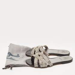 Pre Owned Gina Silver Leather Crystal Embellished Flat Slides Size 36