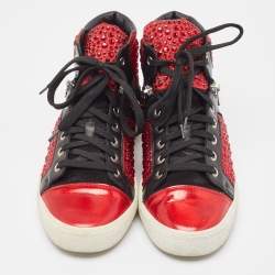 Gina Red/Black Leather Crystal Embellished High Top Sneakers Size 39