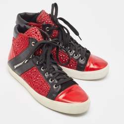 Gina Red/Black Leather Crystal Embellished High Top Sneakers Size 39