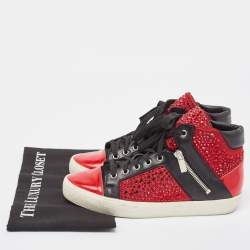 Gina Red/Black Leather Crystal Embellished High Top Sneakers Size 39