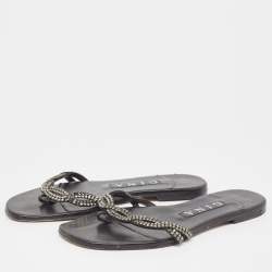 Pre Owned Gina Black Leather Crystal Embellished Flat Slides Size 37 