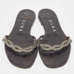 Pre Owned Gina Black Leather Crystal Embellished Flat Slides Size 37 